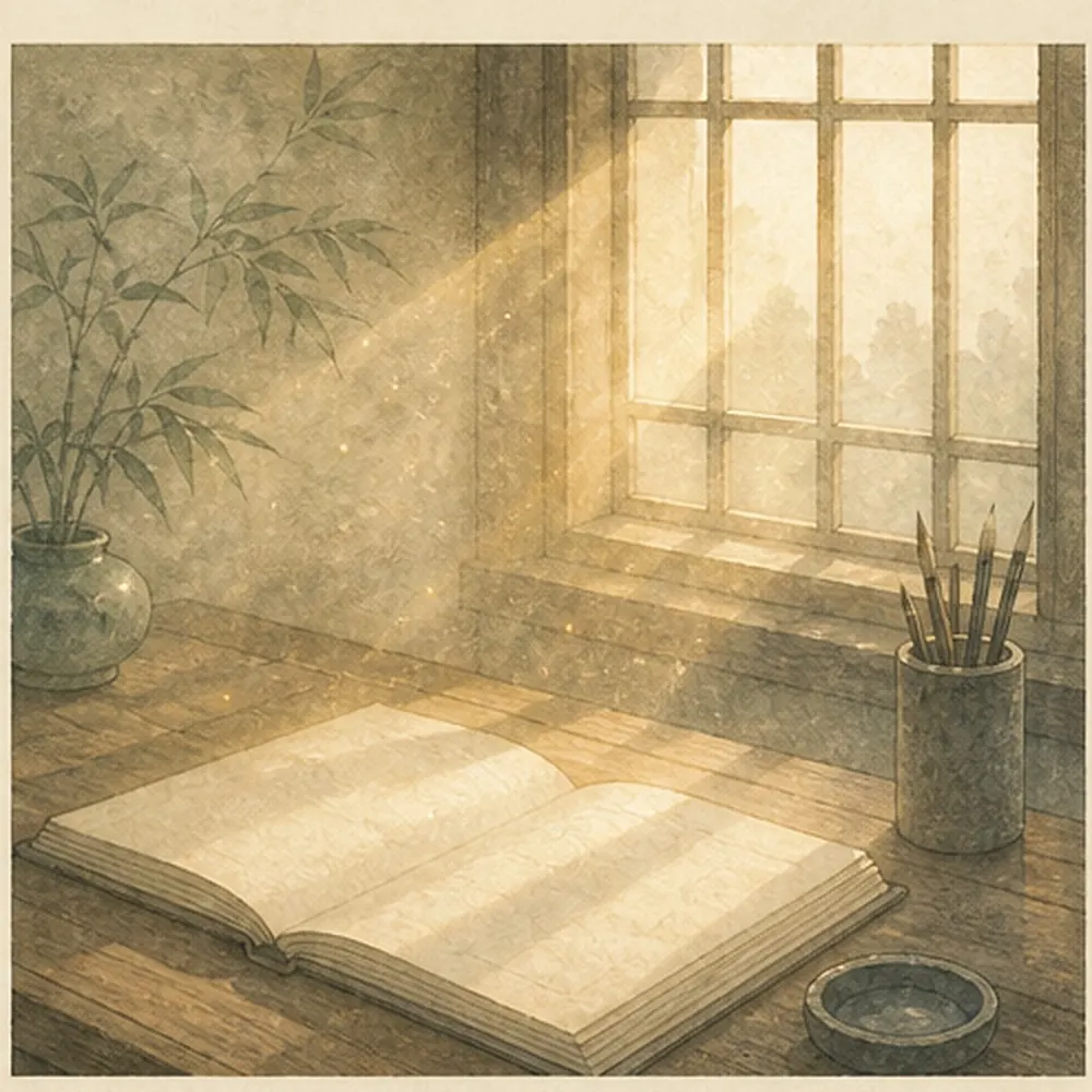 晨光穿过木格窗落在空白书页与桌面上,表现光的照见意象,不描绘人体光线。
