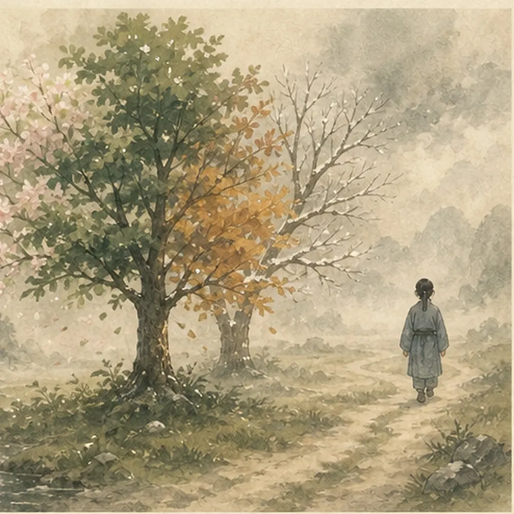 一株树经历春夏秋冬,旁边普通人的道路持续向前,表现命与具体生命历程,不作命运预测。