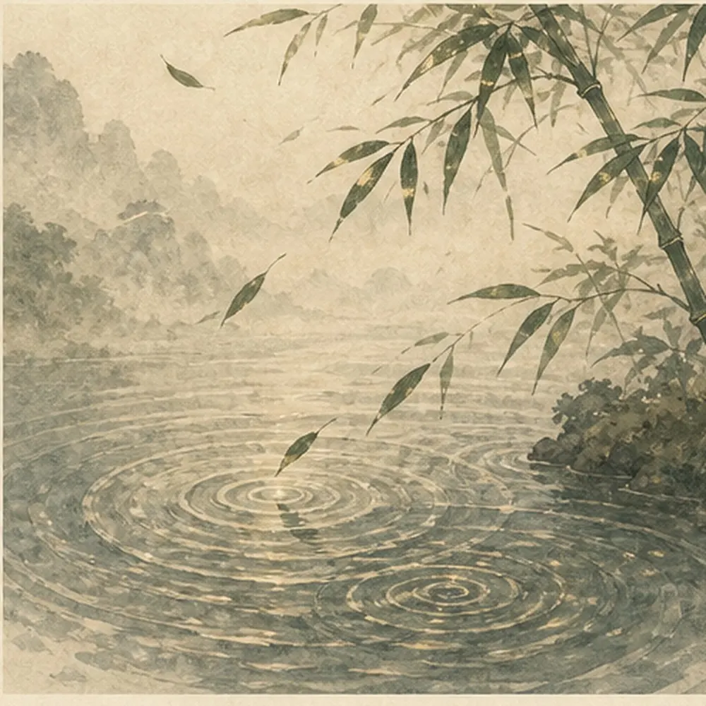 风吹竹叶并在水面形成连续涟漪,表现气在古典语言中的运动意象,不画人体能量路线。