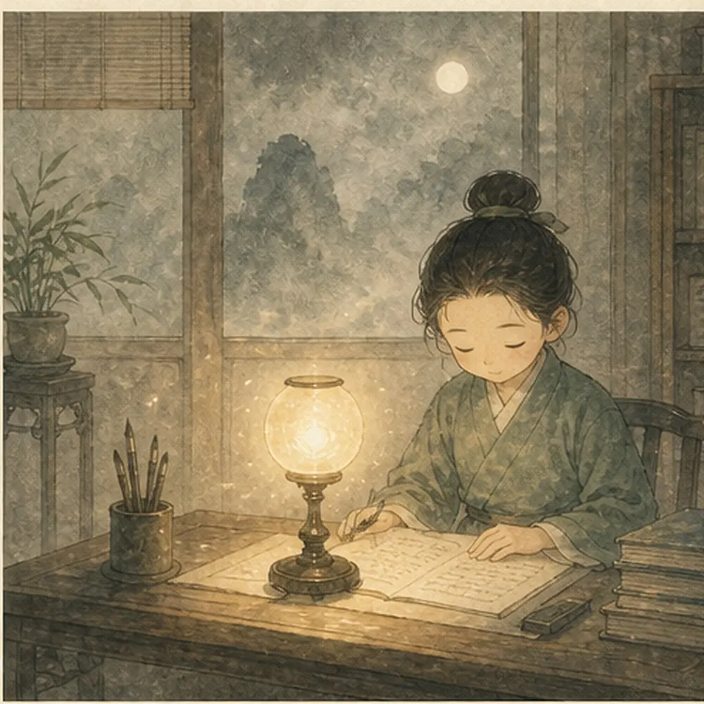 安静书房中一盏清醒而不刺眼的灯照见整张桌面,表现神的主宰与觉照作用。