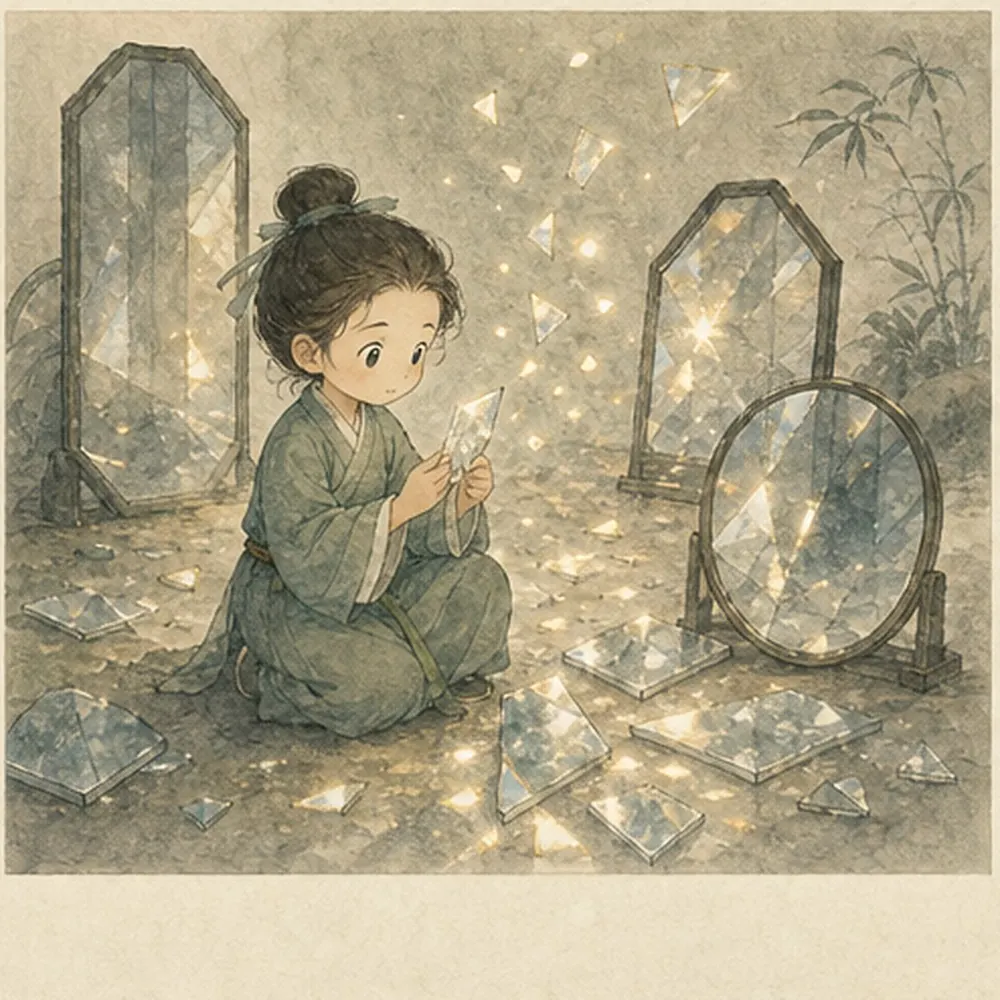 同一束光经过多面镜子后被切成碎片,小修行者正在辨认加工后的反光,表现识光。