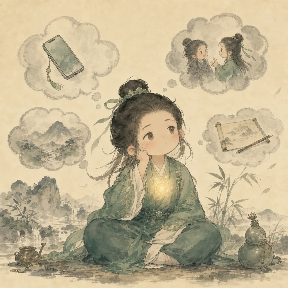 小修行者周围浮着手机、任务、评价与回忆图像,表现识神逐境的多向牵引。