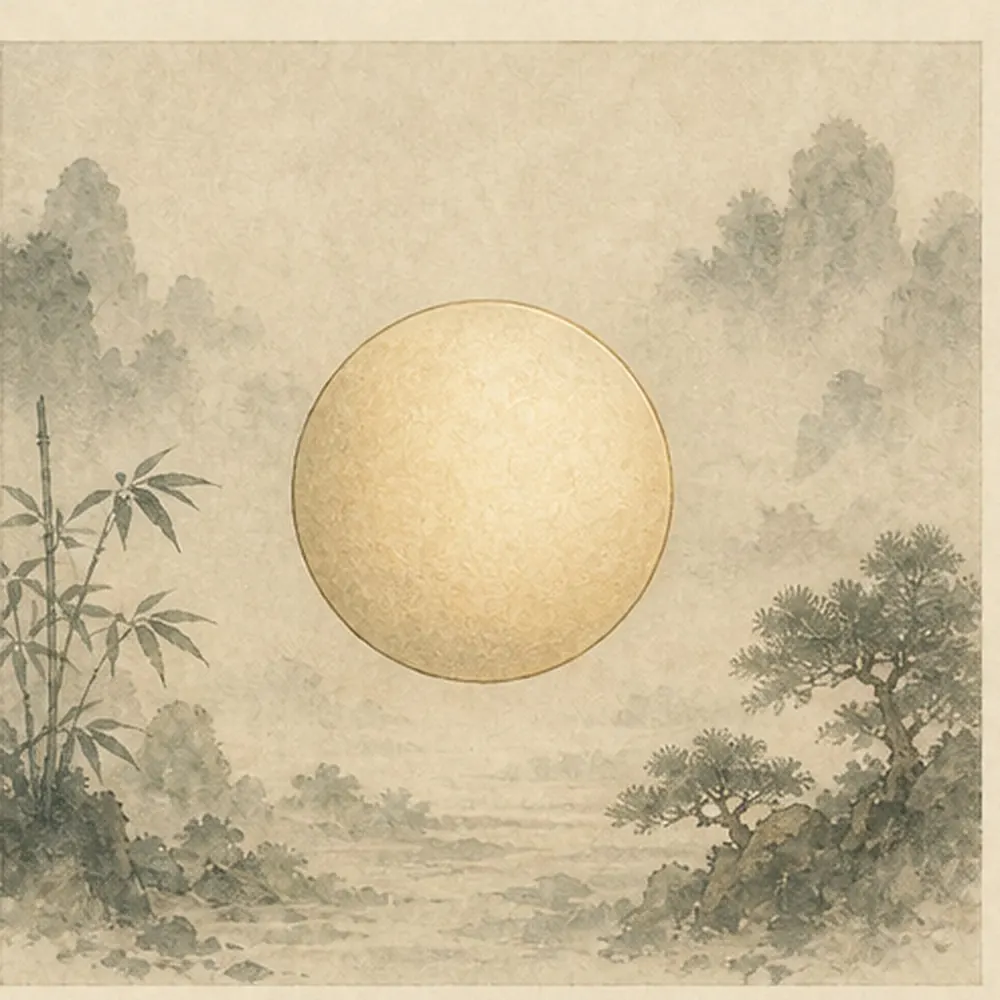 广大淡墨云水中只有一枚完整未分的温润圆形,表现太乙的本初与整体意象。