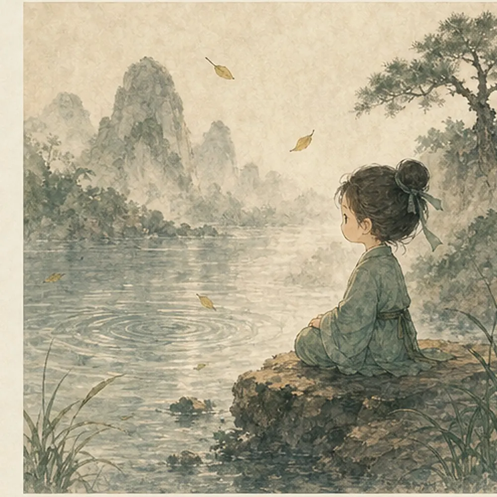 小修行者坐在风与水面之间观察波纹自然起落,表现心息相随但不控制呼吸。