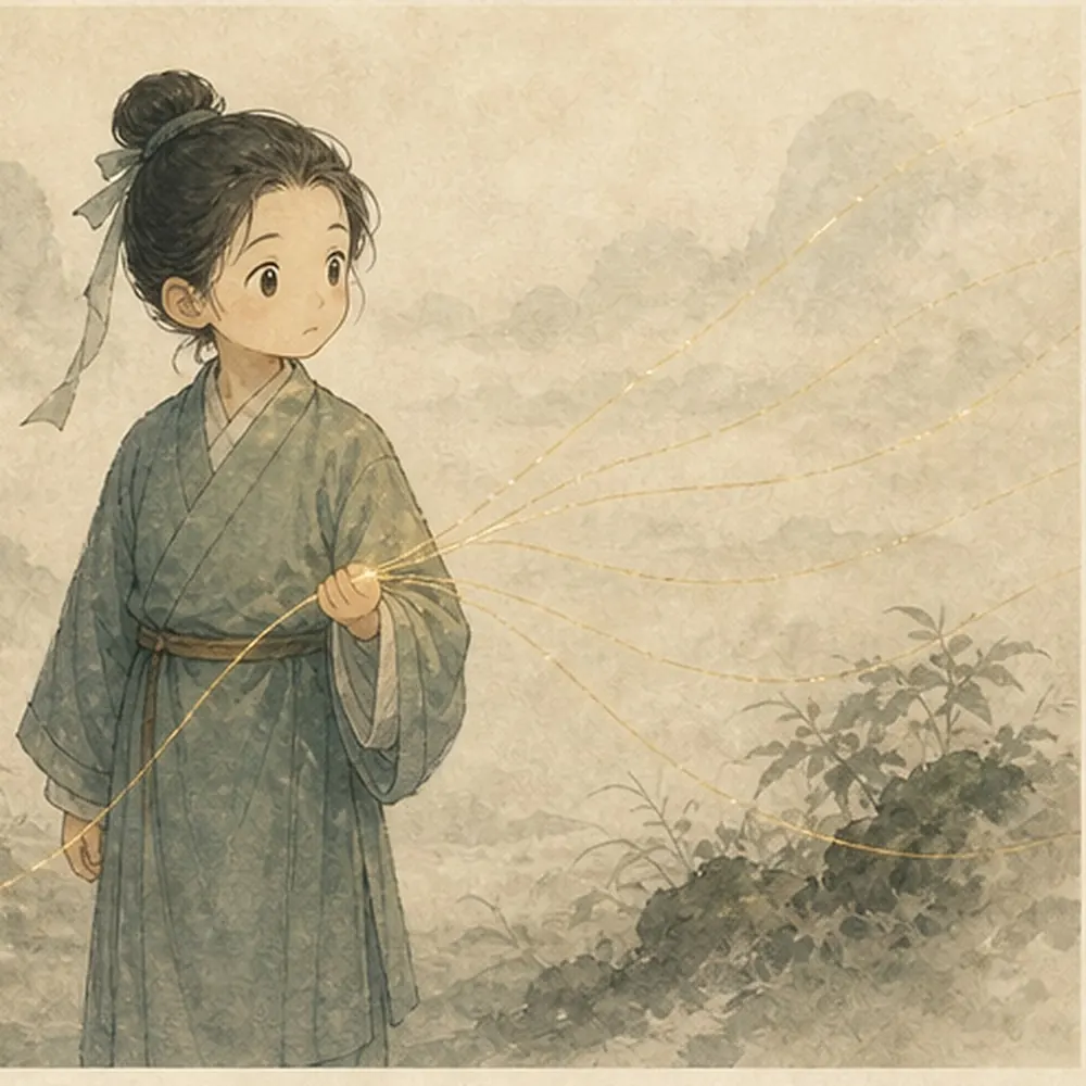 小修行者面对多根牵引线,只轻握当前需要的一根,表现意的方向与选择作用。