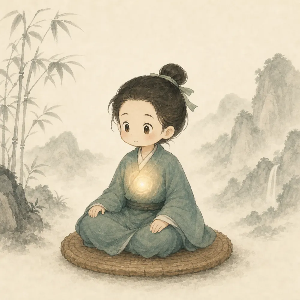 小修行者安静坐在山水间,胸前一盏柔和灯光象征清明主位,不表示身体中真实发光。