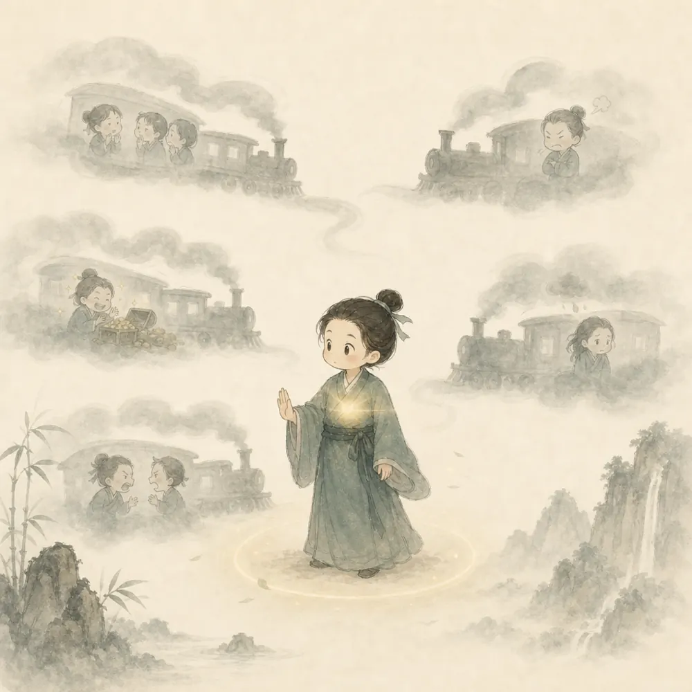 小修行者停在稳定的纸色圆垫上,向外的线条暂时不再延伸,表现止住跟随。