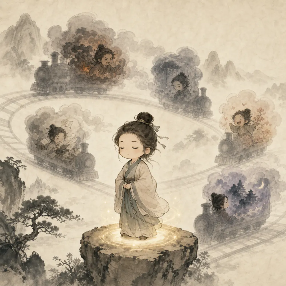 小修行者同时面对停步的稳定圆环与照见的柔光,表现止与观互相配合。